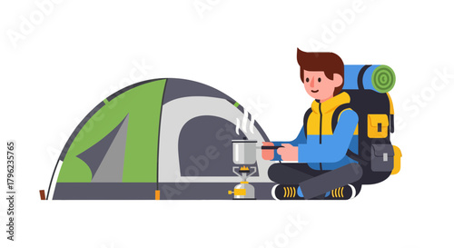 Camping Adventure: Person Prepares Food at Campsite Next to Tent on Black Background