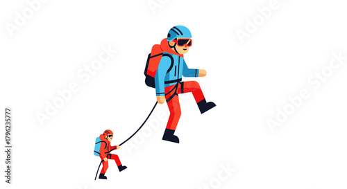 Cartoon Illustration Depicting Two Climbers Ascending a Rope on A Dark Backdrop