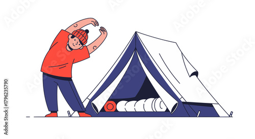 Camping Adventure: Person Stretching Beside Tent, Ready For an Outdoor Journey