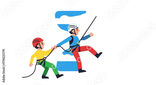 Cartoon Illustration Depicting Two Climbers Ascending a Blue Abstract Structure