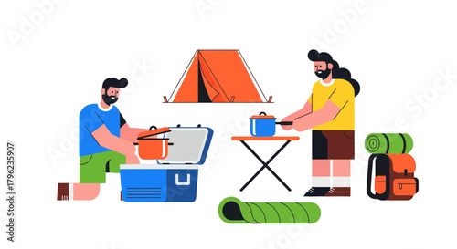 Camping Adventure: Two People Prepare Food with Tent and Gear in a Vector Illustration