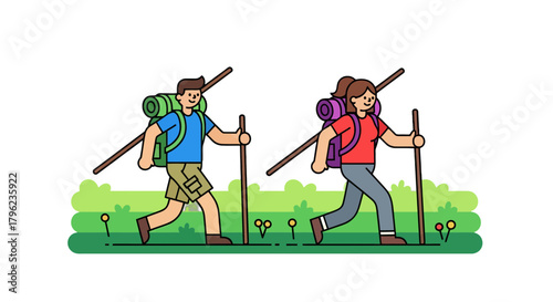Cartoon Illustration Of Hiking Couple On The Trail Enjoying The Outdoor Adventure