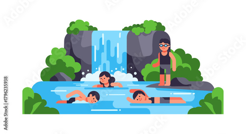 Cartoon Illustration Of People Swimming In A Waterfall's Tranquil Water Pool
