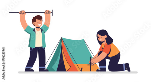 Camping: Adventurous Couple Assembling a Tent for Outdoor Exploration and Leisure