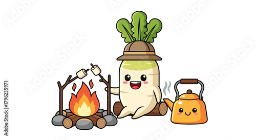 Camping Carrot Enjoying Marshmallow Roasting And Relaxing Near The Bonfire With Kettle