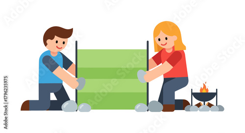 Camping Collaboration: Eager Friends Assembling a Tent Near a Cozy Campfire