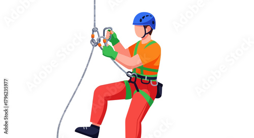 Cartoon Illustration: Sporty Climber Ascending a Rope with Secure Gear and Protective Helmet