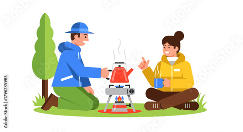 Camping Couple Brewing Hot Beverage Outdoors During Leisure Time Having Fun