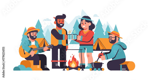 Camping Friends Enjoy Campfire Stories At Night Under Majestic Mountain Range