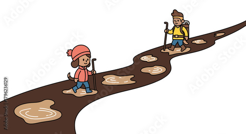 Cartoon People Hiking On a Muddy Path With Puddles, Illustration on Black Background