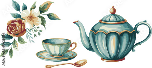 Elegant tea set with flowers isolated on transparent backdrop for sophisticated themes
