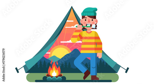 Camping Hygiene: Man Brushing Teeth Next To Tent And Campfire At Sunrise