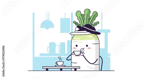 Cartoon Radish Gentleman Enjoying Coffee at a Stylish Cafe Illustration