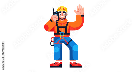 Cartoon Rescuer With Radio Device And Greeting Gesture Isolated On Black Background