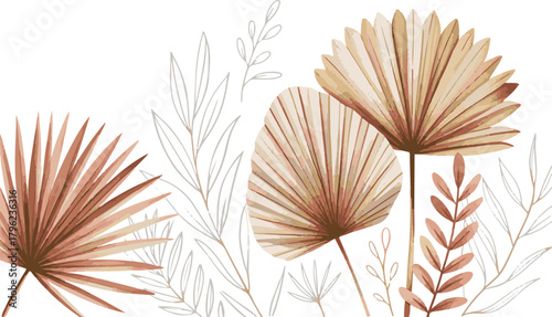 Dried palm leaves and botanical foliage isolated on transparent backdrop for decoration