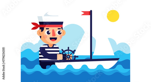 Cartoon Sailor Character Navigating A Ship At Night With The Moon And Waves