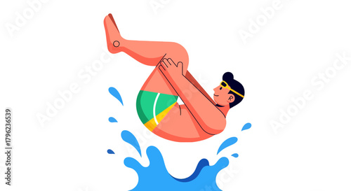 Cartoon Swimmer Performing Somersault Dive Into The Water Against A Black Backdrop