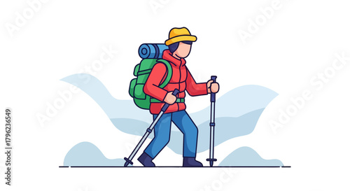 Cartoon Adventurer Hiking Through Snow With Backpack and Trekking Poles Depiction