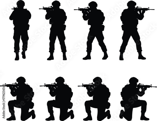 Silhouette illustration set of armed soldiers in standing and kneeling tactical poses, military combat figures for army, warfare, and defense graphics