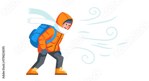 Cartoon Traveler Braves Strong Wind And Cold Outside on Black Background