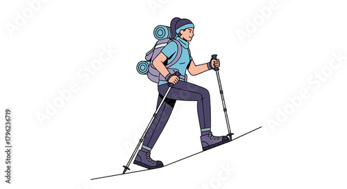 Cartoon Traveler With Backpack Hiking Upwards Against Black Background For Adventures