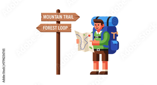 Cartoon Adventurer Studying Map Near Wooden Sign Indicating Mountain Trail and Forest Loop