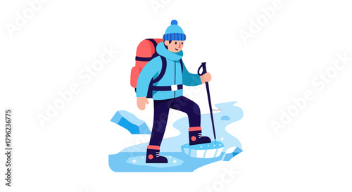 Cartoon Adventurer Trekking Across Icy Terrain With Backpack and Trekking Poles.