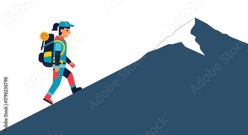 Cartoon Adventurer Trekking Upward to Summit a Majestic Mountain for Success and Adventure
