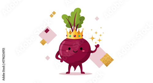 Cartoonish Royal Radish Smiling And Waving In Black Backdrop, With Sparkles