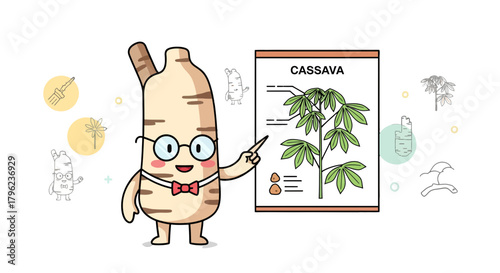 Cassava Cartoon Character Presenting Educational Botany Diagram On Black Background