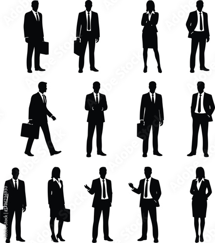Silhouette of business people in professional poses, teamwork and leadership concept, office professionals standing and walking in formal suits