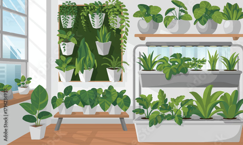 Indoor plants home decor flat color illustration on isolated white background