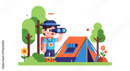 Cartoon Camping Adventure Depicting A Young Explorer Enjoying The Outdoors