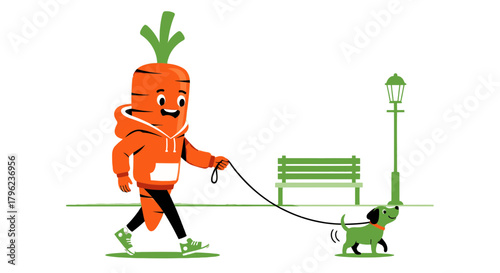 Cartoon Carrot Character Walking Dog in Park Beneath a Street Lamp, Night Scene