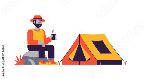 Cartoon Camping Scene Depicting Relaxation And Adventure Beside A Vibrant Tent