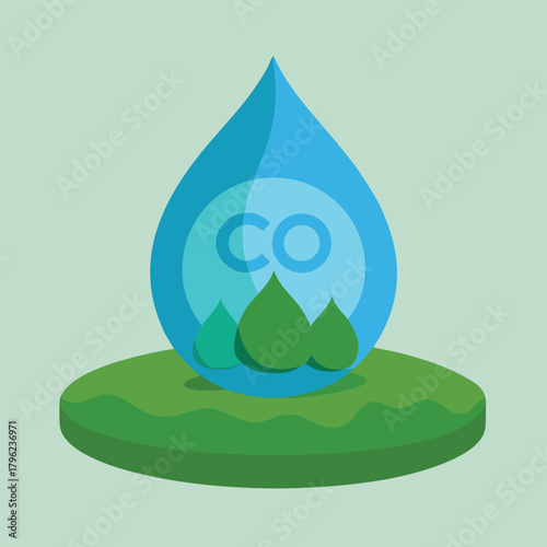 Water drop with C O2 symbol and green leaves on grass