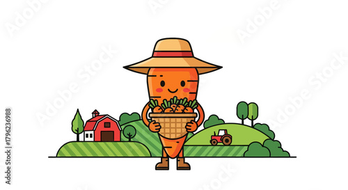 Cartoon Carrot Farmer Harvesting Vegetables on a Farm with Tractor and Barn