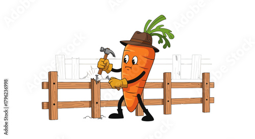 Cartoon Carrot Frantically Fixing a Fence Using a Hammer on a Black Background