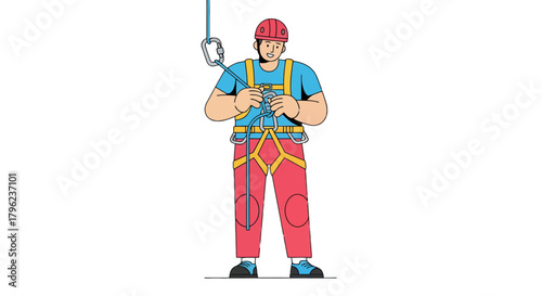 Cartoon Climber Preparing To Ascend With Ropes, Harness, And Carabiner On Black Background
