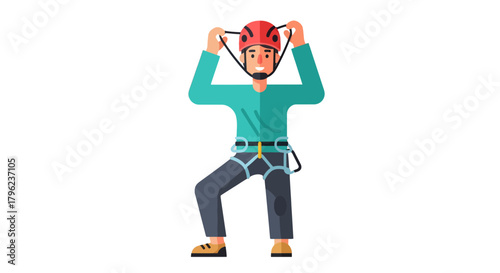 Cartoon Climber Preparing To Ascend With Safety Harness And Climbing Helmet Illustration