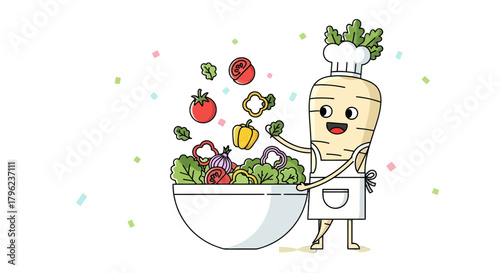 Cartoon Chef Making a Delicious Salad with Fresh Vegetables and Happy Expressions