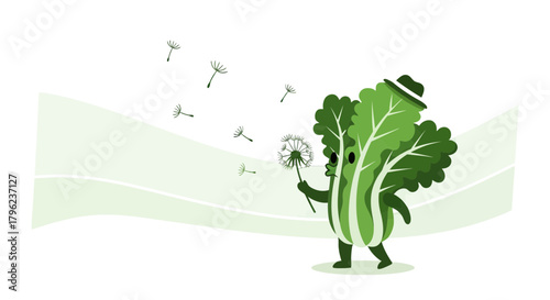 Charming Animated Vegetable Character Blowing Dandelion Seeds on Black Background