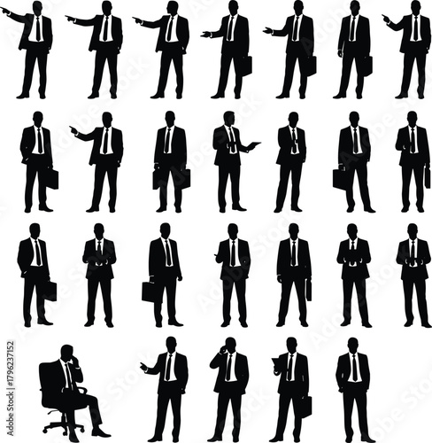 Silhouette of businessman in formal suit pointing, standing, and working with briefcase showing leadership, direction, and management concept