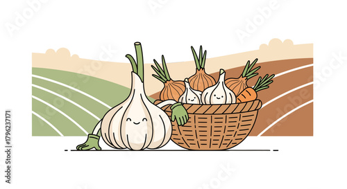 Charming Animated Vegetables Resting Beside Fields in a Delightful Vector Illustration