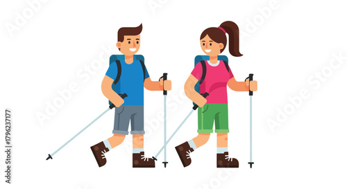 Cartoon Couple Trekking Together on a Hiking Trail with Backpacks and Hiking Poles