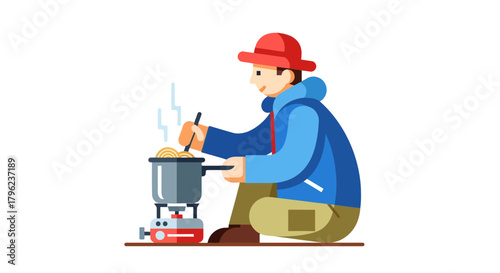 Cartoon Cook Preparing Meal Outdoors on Portable Stove Isolated on Black Background