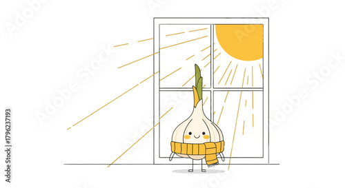Charming Garlic Bulb Character Enjoys Sunny Day Behind the Window and Embraces Bright Light