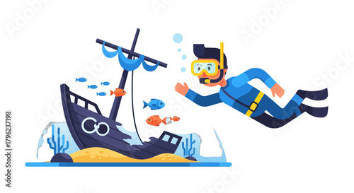 Cartoon Diver Exploring A Sunken Ship Surrounded By Aquatic Marine Life, Adventure Awaits