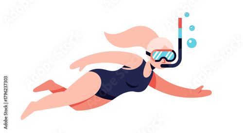 Cartoon Diver Swimming Gracefully Underwater with Snorkel and Goggles on Black Backdrop
