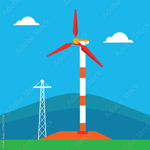 Wind turbine and power line in a green landscape Keywords: wind turbine, wind power, renewable